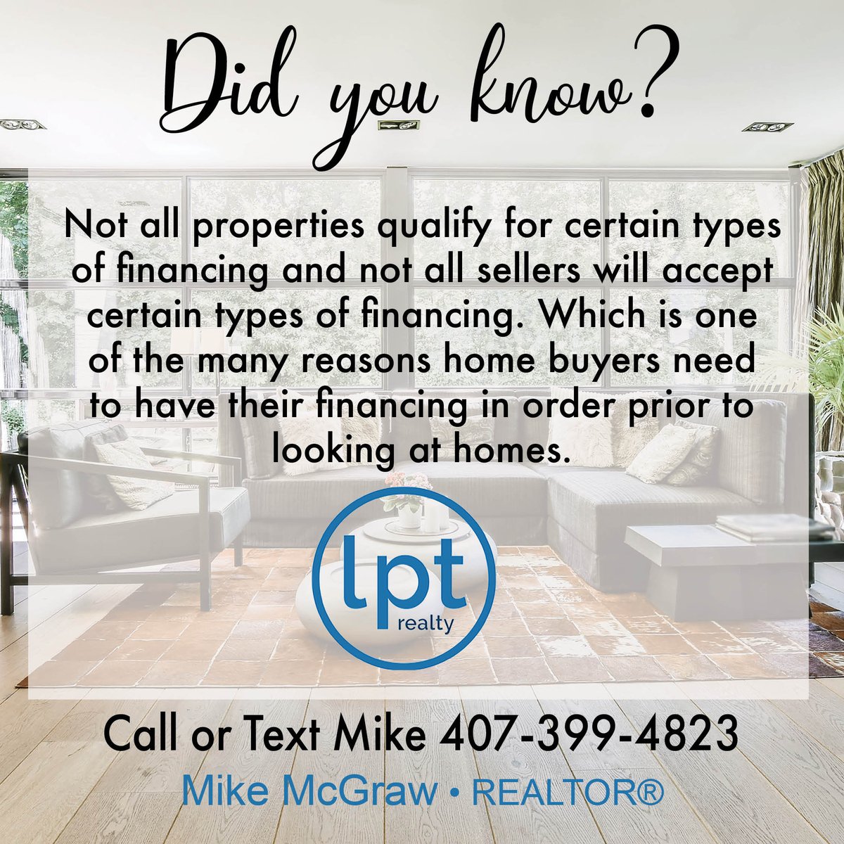 Questions about real estate and financing?
Call or text me at 407-399-4823. I've got the answers you need!

#LPTRealty #LPTRealtyProud #Orlandorealestate #Apopkarealestate #RealEstate #Realtor