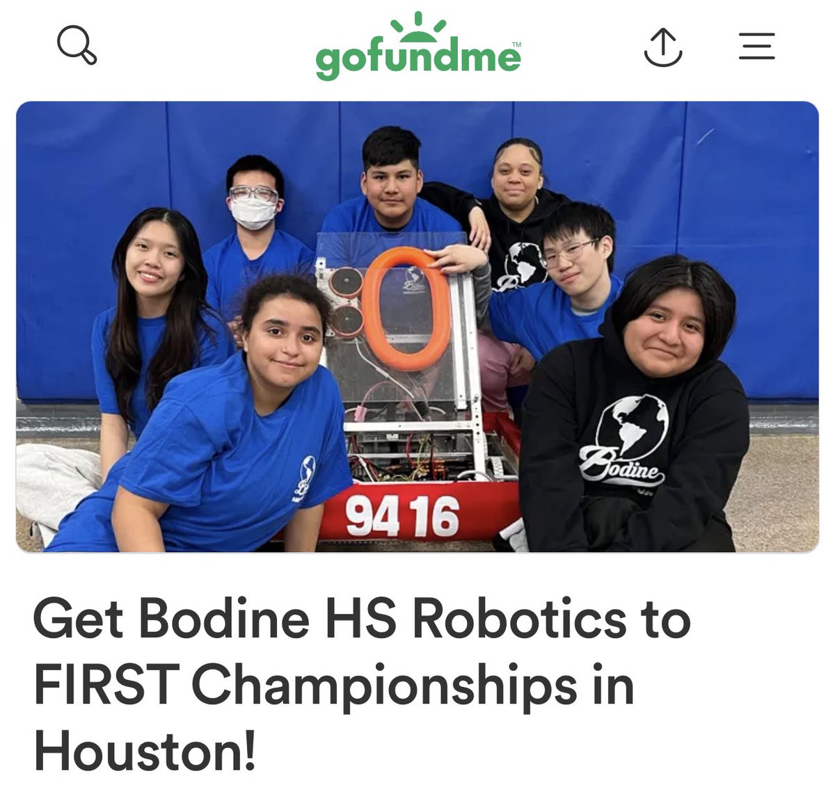 Please support to get Bodine robotics FRC team to the FIRST Worlds Championship. 

gofund.me/1e9b44ef

#PRC #Robotics #STEM #FRC #Houston #PhiladelphiaRobotics #HighSchool #Students