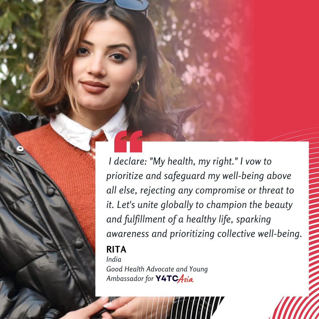 “…I vow to prioritize and safeguard my well-being above all else, rejecting any compromise or threat to it. Let's unite globally to champion the beauty and fulfillment of a healthy life, sparking awareness and prioritizing collective well-being. “ - Rita, India
#YouthAdvocate