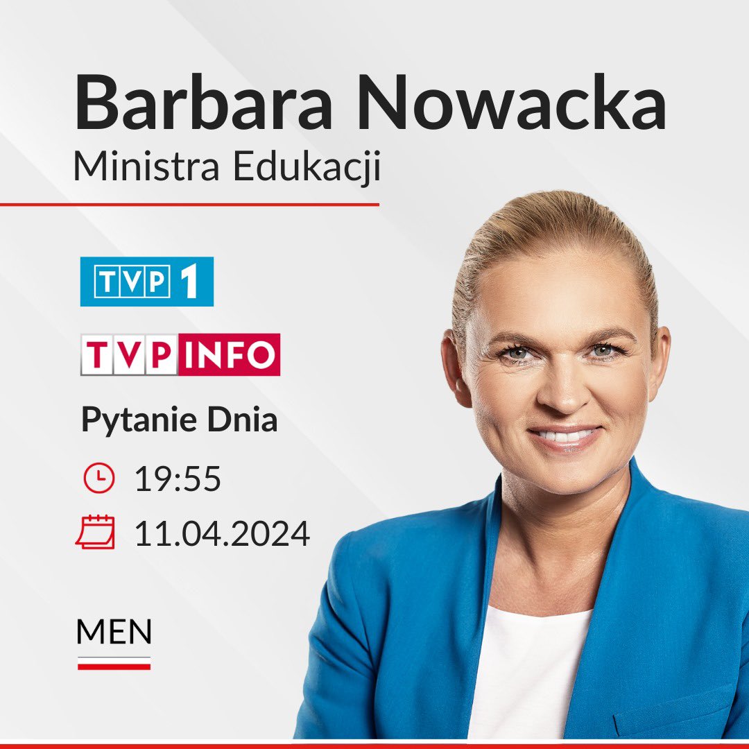 ➡️ Ministra Edukacji @barbaraanowacka będzie dziś gościem w programie Pytanie Dnia. Serdecznie zapraszamy do wysłuchania rozmowy. 📺 @tvp_info, czwartek, 11 kwietnia 2024 r., godz. 19:55.