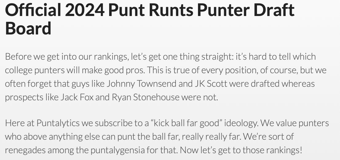 Our 2024 punter draft board is finally here! Read on for our initial rankings on the 2024 class and to find out which 6'4' ACC priority UDFA we comped to AJ Cole puntalytics.github.io/draft_central/…