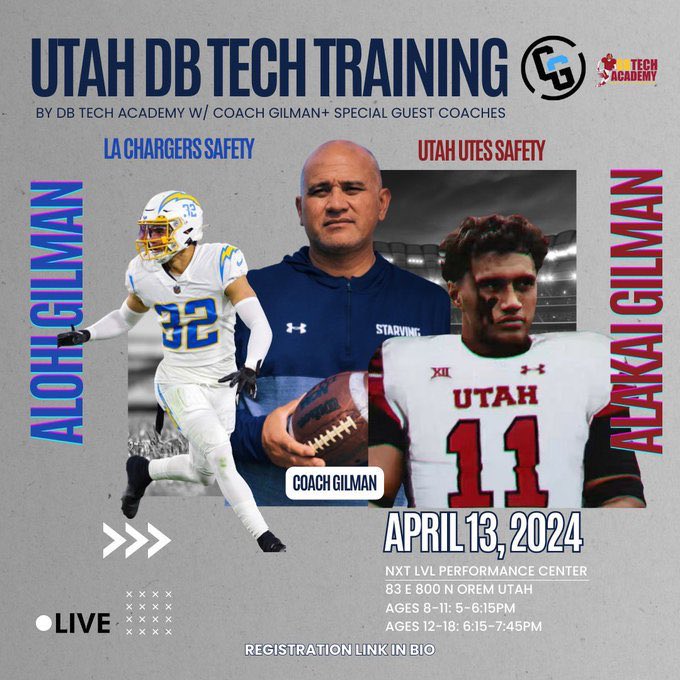 UTAH DBS Come get coached up by a STARTING NFL SAFETY AND A STARTING D1 SAFETY April 13th Ages 8-11: 5pm-6:15pm Ages 12-18: 6:15pm-7:45pm REGISTER: linktr.ee/coachgilmanhaw…