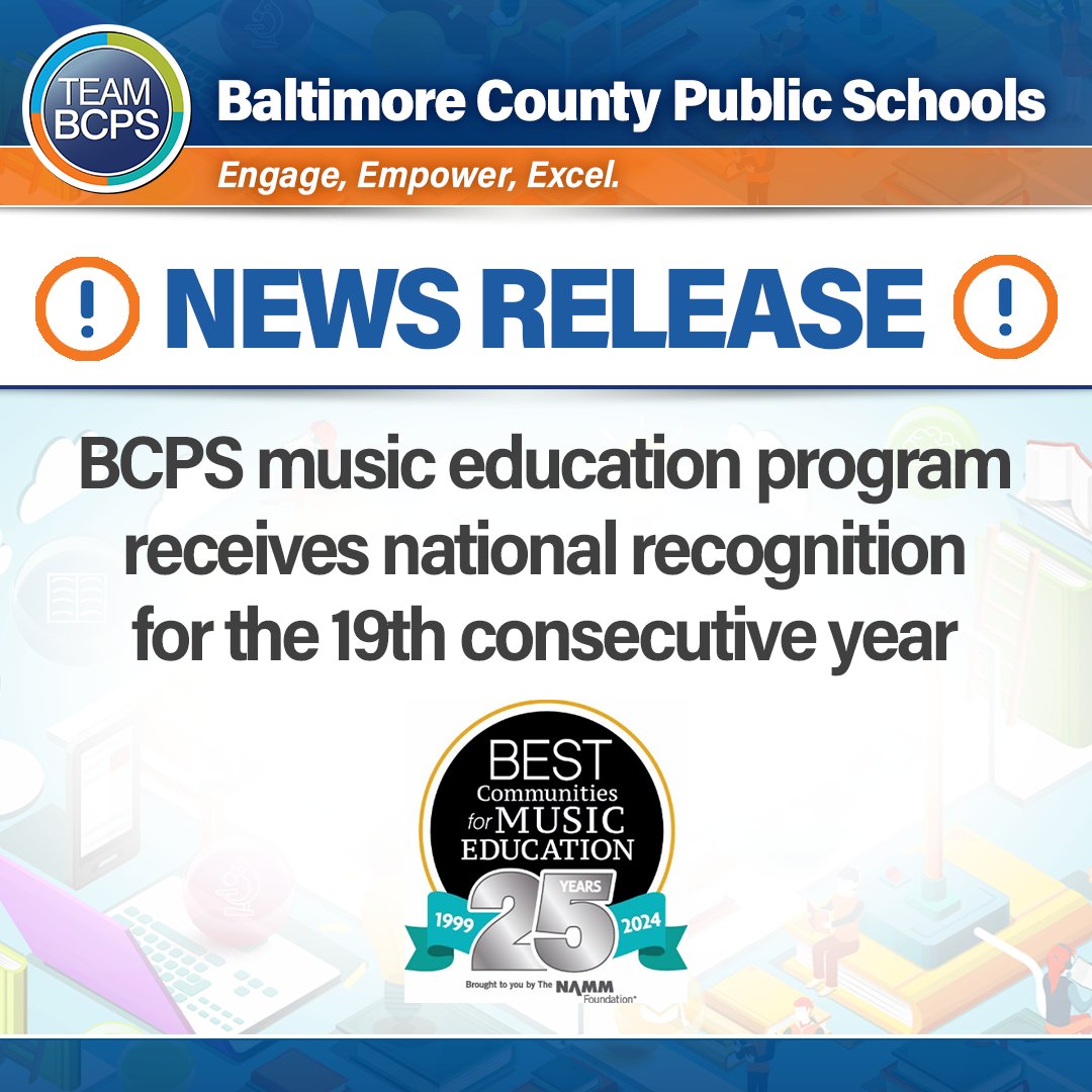 🎶 BCPS has been honored with the Best Communities for Music Education designation from The NAMM Foundation for its outstanding commitment to music education! News Release ➡ ow.ly/UIUI50Re71x