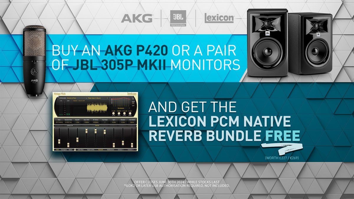 Reminder: From 1st March to 30th June 2024, any customer registering a new pair of @thejblpro 305P MkII studio monitors or an @AKGaudio P420 studio microphone, can claim the @lexiconpro PCM Native Reverb Plug-In Bundle for FREE. Full details 👉 loom.ly/whJcWw4