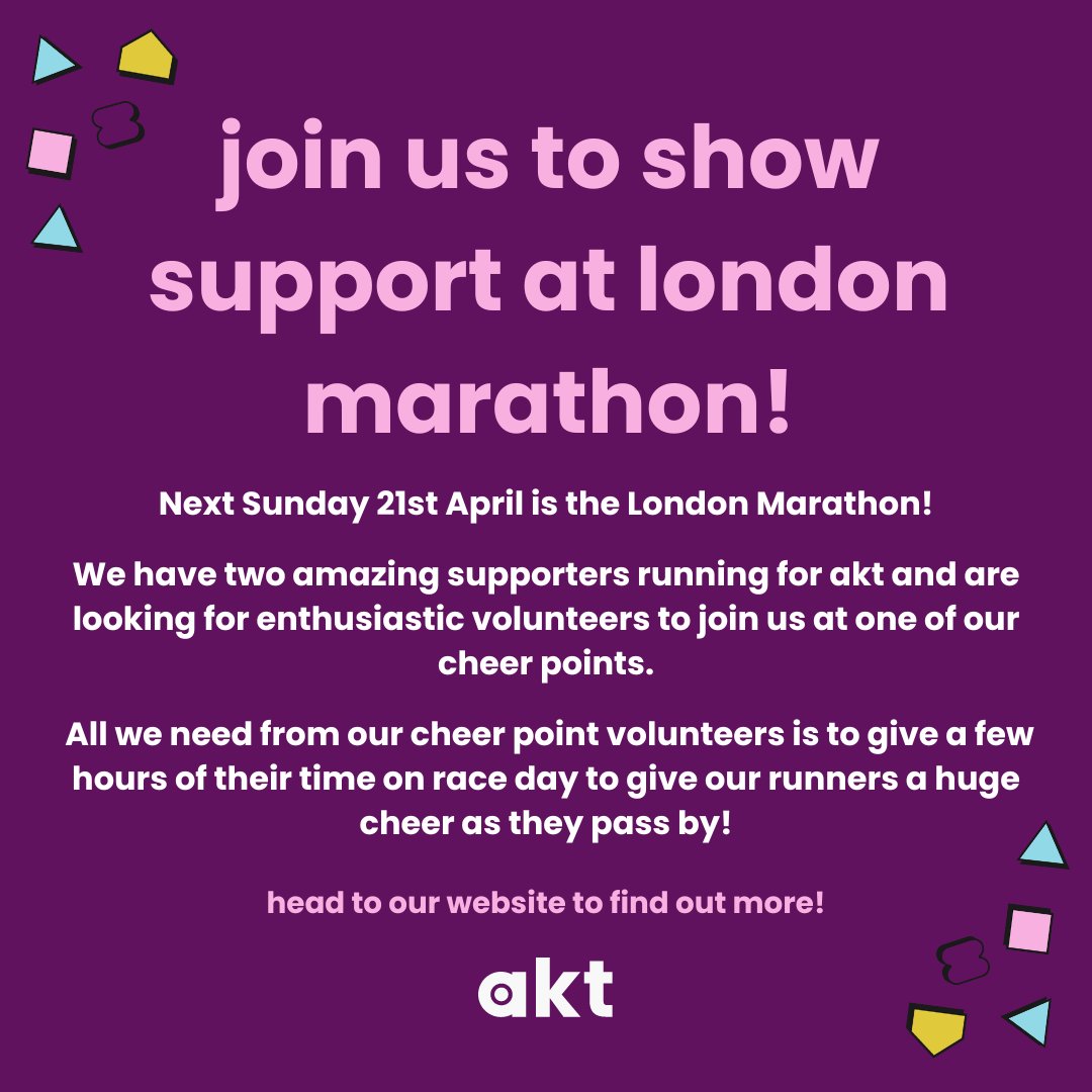 We are looking for enthusiastic volunteers to join us at one of our cheer points at the London Marathon on Sunday 21st April! Deadline: Wednesday 18th of April 2024 🔗Find out more here: akt.org.uk/cheer-point-lo…