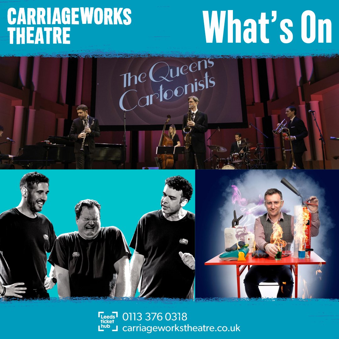 This week at the Carriageworks… 🎺 The Queen's Cartoonists (Thu 18 Apr) 🧪 Mark Thompson's Spectacular Science Show (Fri 19 Apr) 🍭 Leeds Comedy Pick N Mix (Sat 20 Apr) 👉 carriageworkstheatre.co.uk/whats-on/ #WhatsOnAtTheCarriageworks #Theatre #Leeds