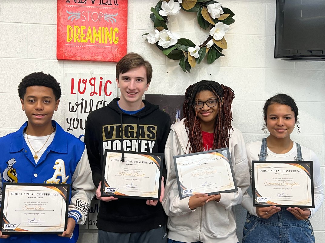 The Reynoldsburg High School recipients of the OCC's 2024 James McCann Journalism Award are (left to right) Senai Alem, Michael Russel, London Brazwell, and Emmerson Straughter.