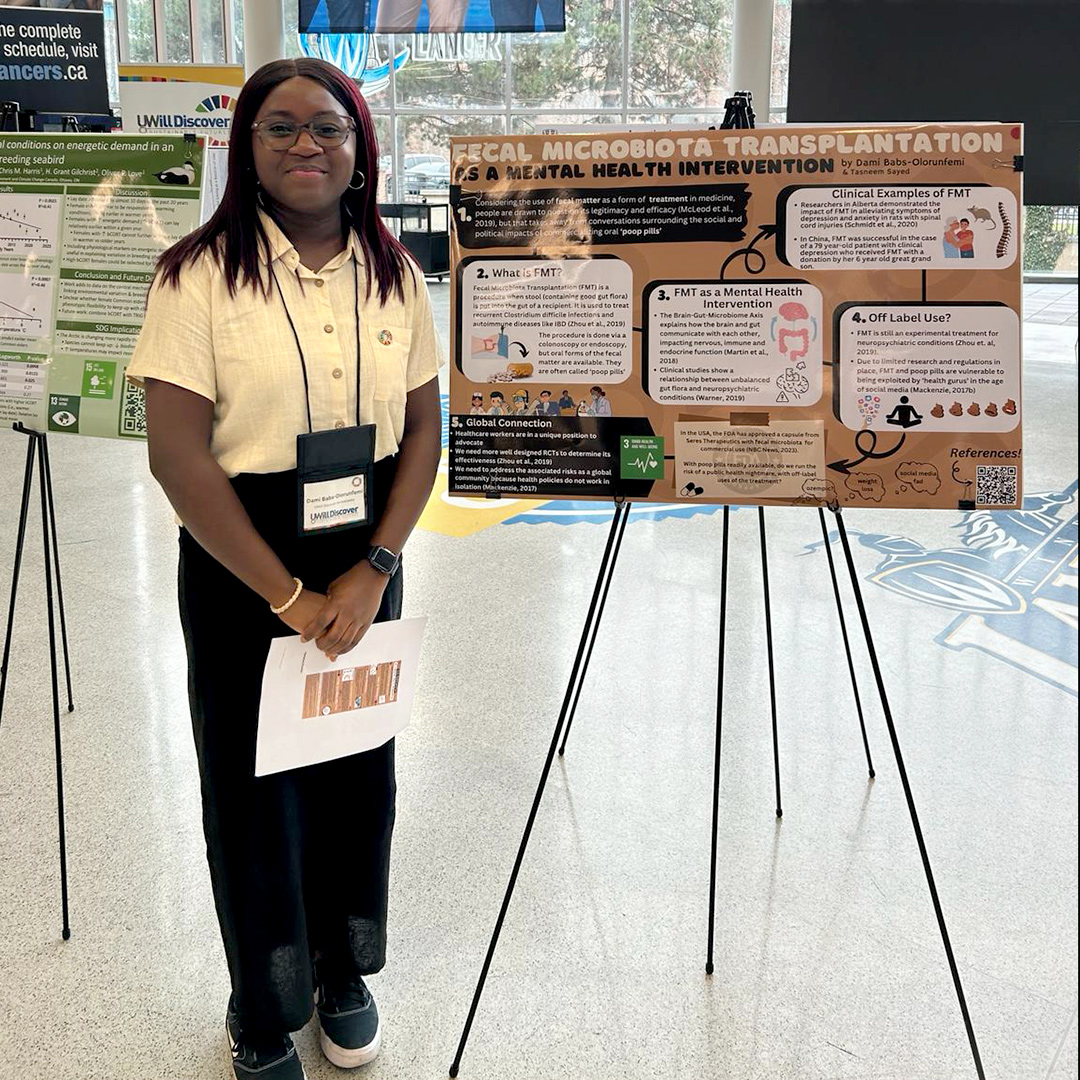 🥇 Congratulations to third-year student Dami Babs-Olorunfemi for winning gold in #nursing for her #research presentation poster, “Fecal Microbiota Transplantation as a Mental Health Intervention,” at the 2024 <a href="/uwilldiscover/">UWill Discover</a> Sustainable Futures conference. Way to go, Dami! 👏
