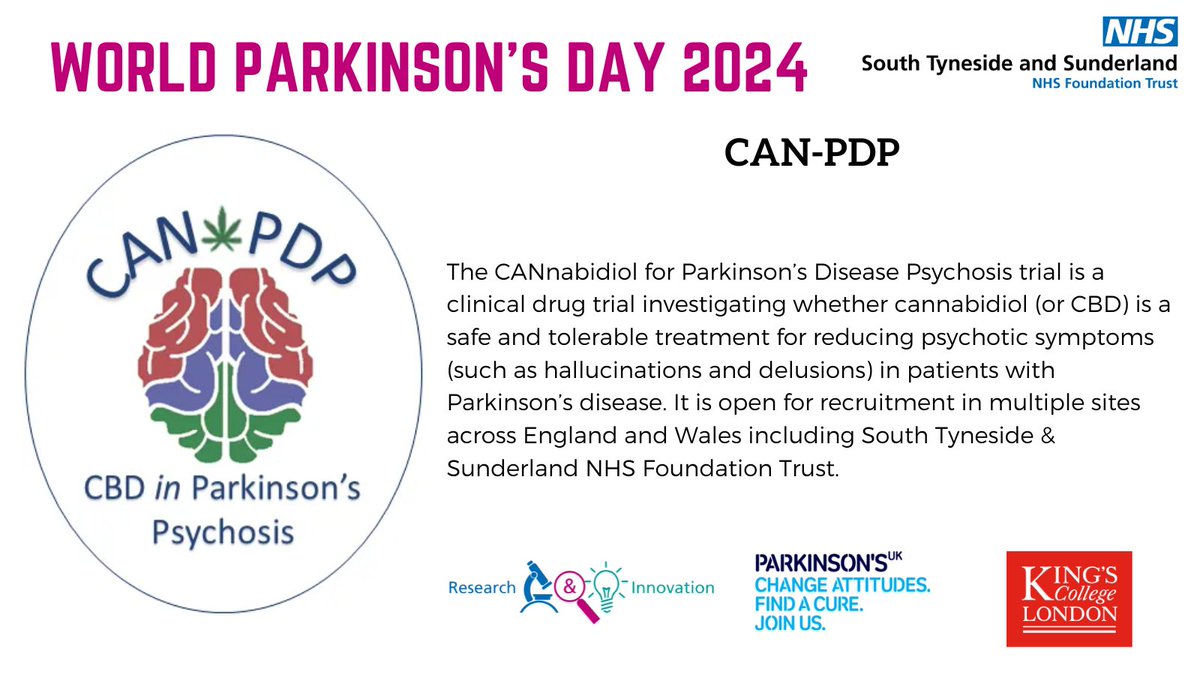 On World Parkinson's Day we want to share with you one of the research trials we are involved in @STSFTrust that look at treatments for Parkinson's Disease. The @CANPDP_trial investigates the effects of CBD on symptoms of Parkinson's Disease Psychosis @NENC_NHS @NIHRCRN_NENCumb
