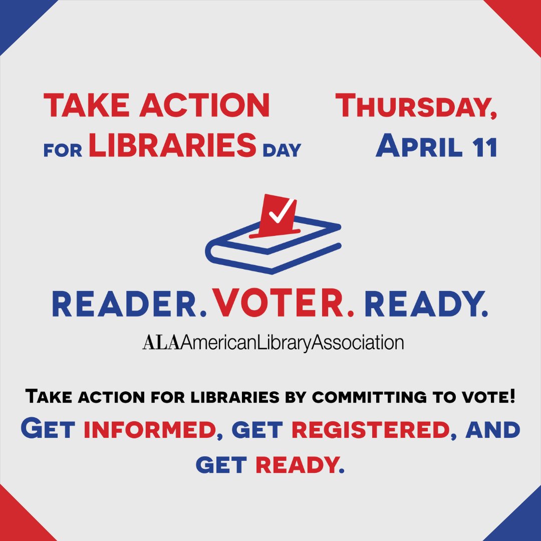 Today is #TakeActionForLibraries Day! To launch ALA's new Reader, Voter, Ready campaign, ALA is asking library advocates to pledge to get informed, get registered, and get ready to vote. Sign the pledge and commit to voting at: ala.org/advocacy/reade… #ReaderVoterReady #AASLslm