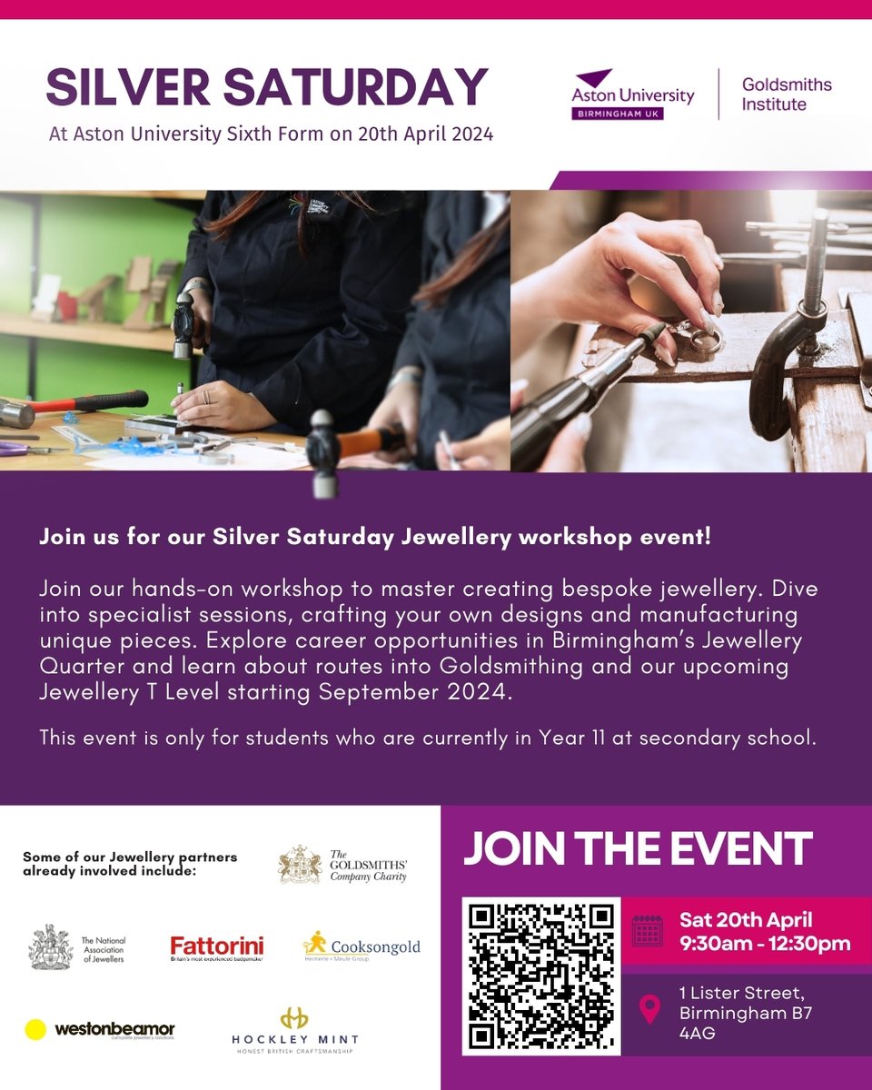 ⏰ Just over ONE WEEK LEFT to Join our Silver Saturday Jewellery event!🎓💍 Don't miss out on this opportunity and Book now using the QR code or visit auea.co.uk . #ApplyNow #SixthFormAdmissions #jewellery #auea #aueautc #utcschool #stem #astonuniversity #TLevels