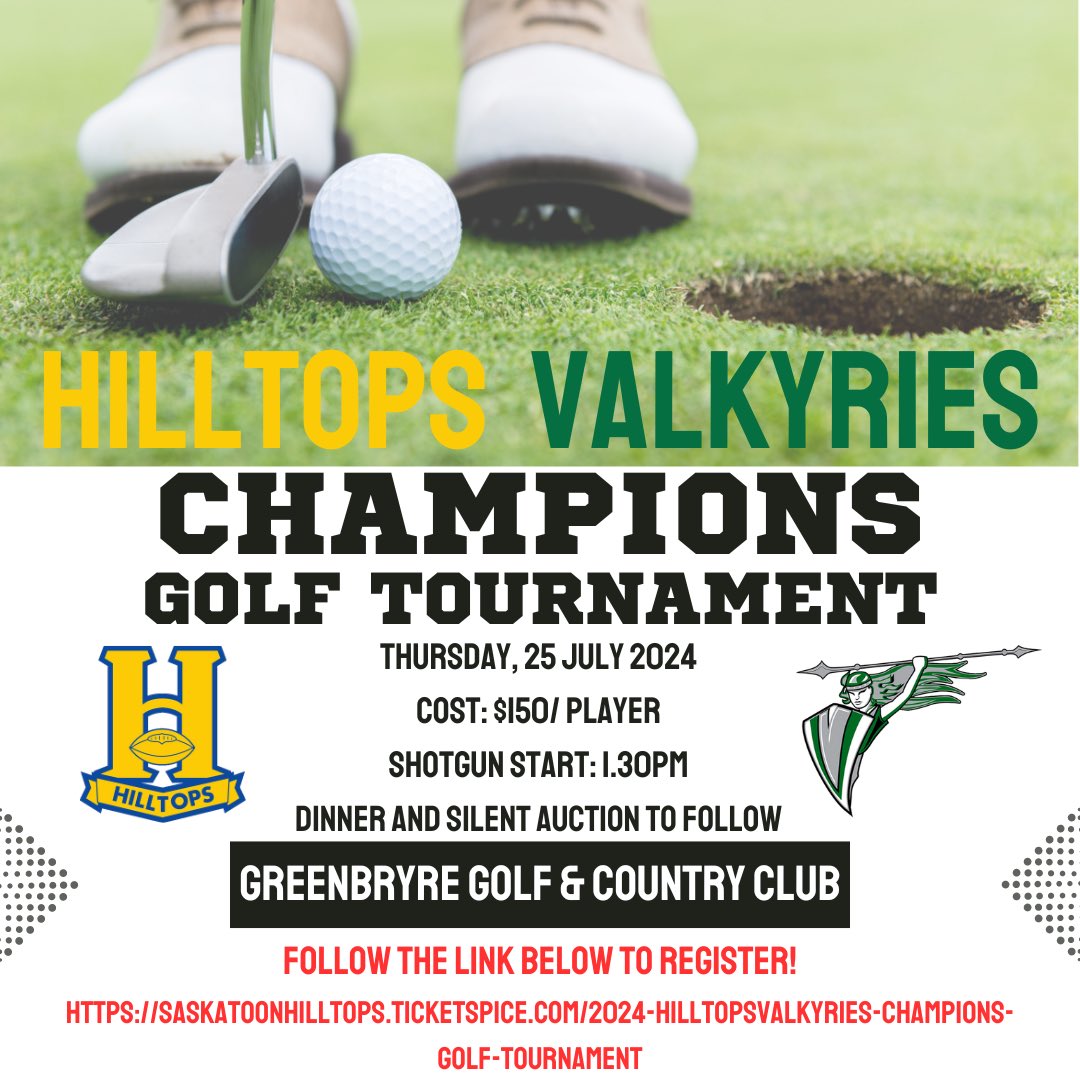 Save the date! The Hilltops Valkyries Champions Golf Tournament is back for another year! The tournament will take place on Thursday July 25, 2024 at Greenbryre Golf and Country Club. Shotgun start at 1:30pm. Cost is $150/player. Dinner and silent auction to follow.