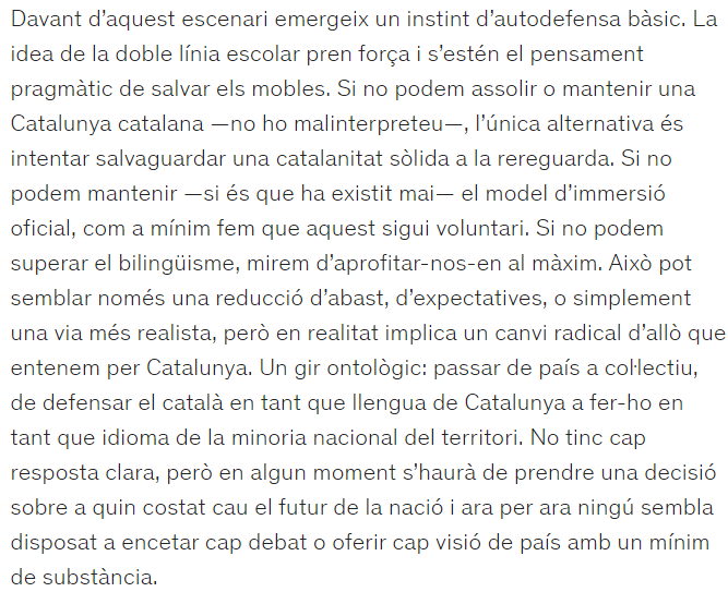 Important article de @vejotty que convida a pensar si volem seguir vivint en la il·lusió de la normalització lingüística o plantejar escenaris alternatius que impliquen una minorització, qui sap si potser molt més productiva. Cal començar a parlar-ne. nuvol.com/llengua/la-vol…