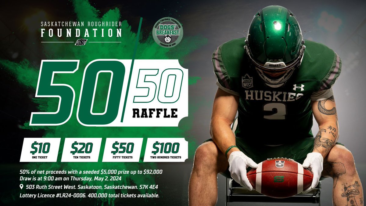🏈 Get in on the action with the @SaskRidersFDN's 50/50 draw, backing the Huskie Football Foundation’s @dogsbrkfastyxe XXII, with special guest Sean Payton, at Prairieland Park on May 2nd! Don't miss your chance to win and support the team! BUY NOW | buff.ly/3PYhigZ
