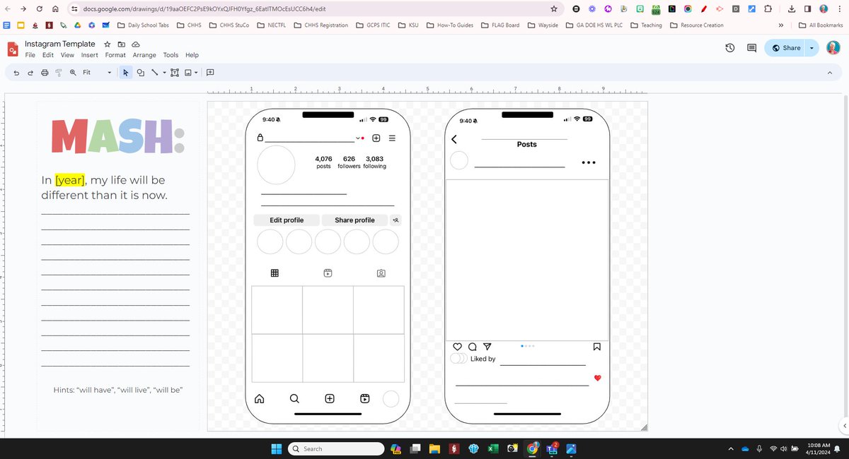 Just made an IG template for a colleague if anyone wants it! 👇 They played 'MASH' to have fun w/ the future tense (Ss are ELL) & then they're going to use that info to craft what that could look like in a social media context. #LangChat #ESL 🔗docs.google.com/drawings/d/19a…
