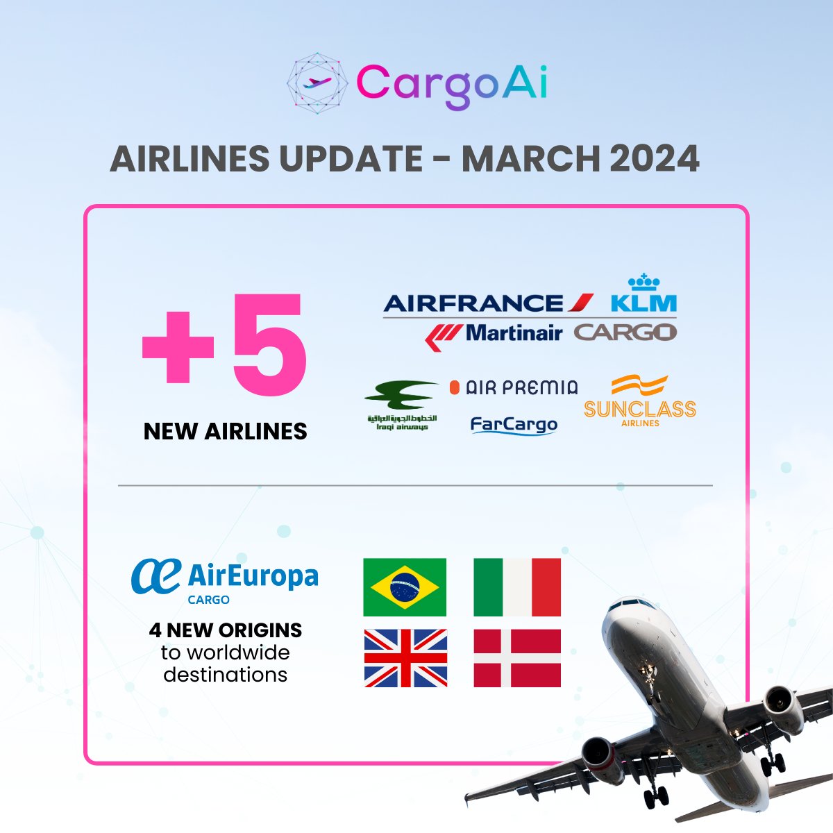 cargoai's tweet photo. We're thrilled to announce CargoMART's expanding network with the addition of several new airlines and destinations!

@cargoai connects 100+ airlines to users in 130+ countries. For more details about our latest updates click here -> https://t.co/jXJkxhzOmr https://t.co/taGstm0hyX