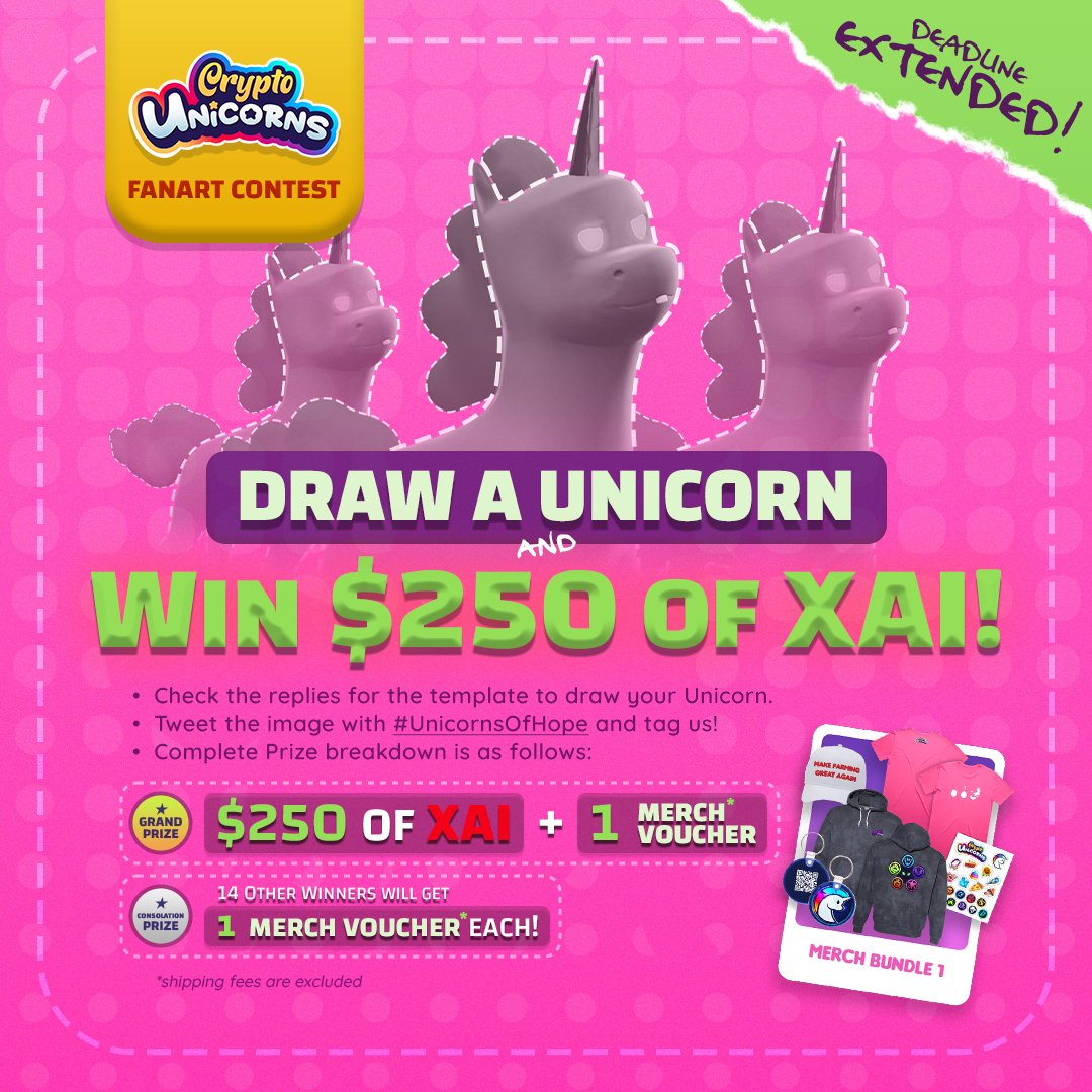 🚨 FANART EVENT EXTENDED TO APRIL 14 The #UnicornsOfHope fanart event has been extended to Sunday April 14, 11:59PM PST! 🎨 1 winner gets $250 worth of $XAI and a CU Merch voucher! 14 honorable mentions also get a CU merch voucher! ⭐ Grant the wish of a child with critical…