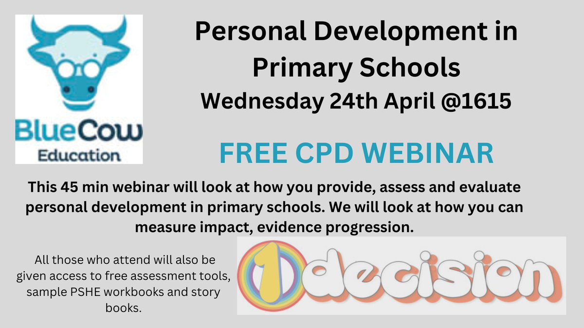 Something a bit different from us! We are hosting a FREE CPD webinar with our friends @1decisionltd on personal effectiveness in primary schools. Please do join us @1615 on 24th April - sign up at trybooking.com/uk/DHIZ