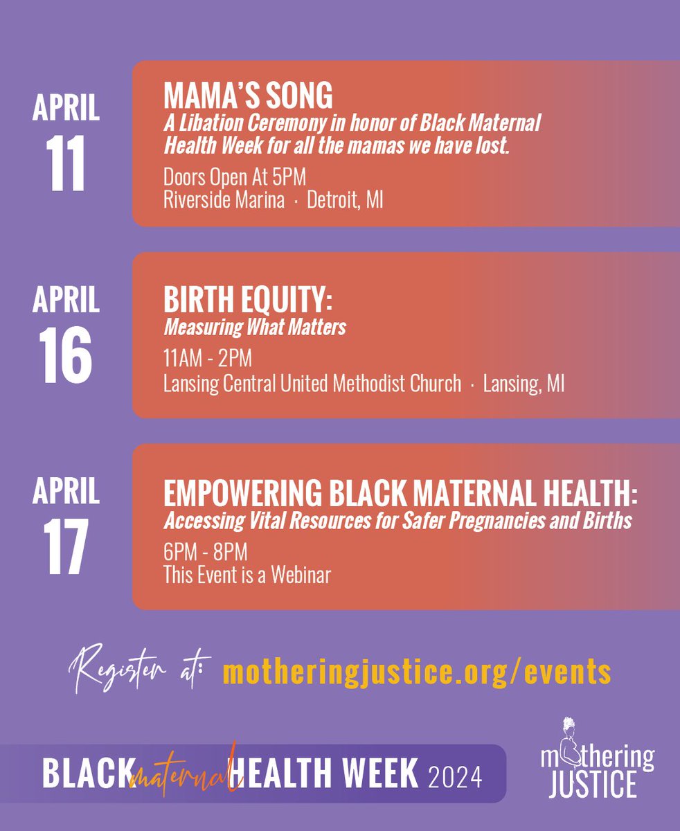 Today, we launch Black Maternal Health Week with a libation ceremony in Detroit honoring all of the Mamas we’ve lost. Swipe to view our other #BMHW events and make sure to visit motheringjustice.org/events for registration and details.