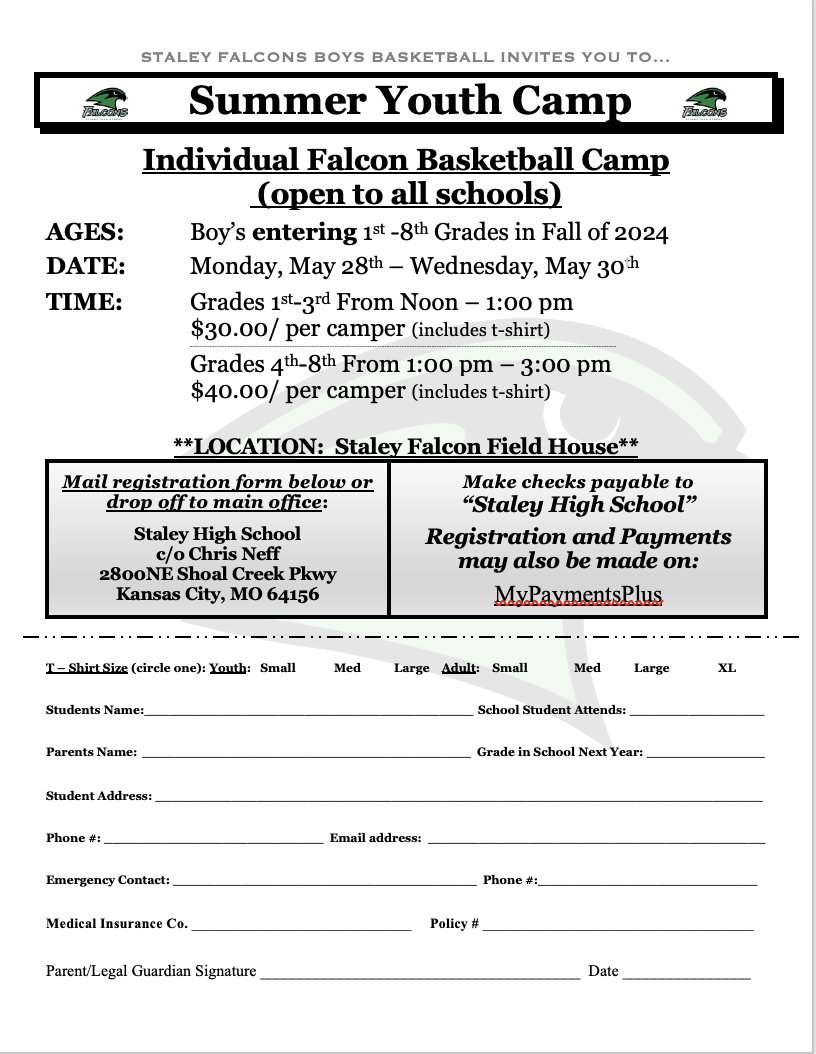 I am still excited for camp, but the form had the wrong dates. We are having our camp on May 28th - May 30th and are looking very forward to having all of our future falcons in attendance. Sorry for the confusion on the previous post...