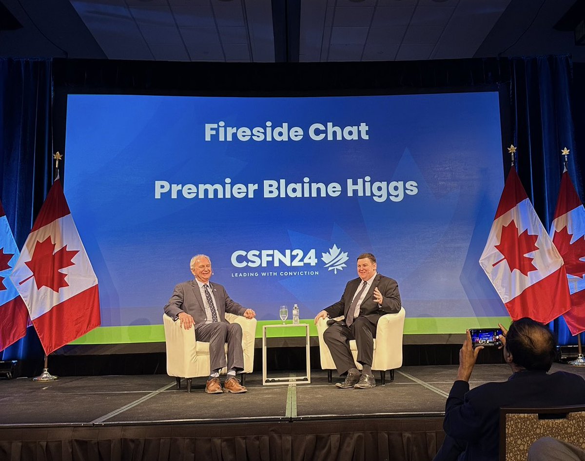 Fireside Chat with Hon. Blaine Higgs, Premier of New Brunswick @premierbhiggs, and @AndrewLawton of @TrueNorthCentre is underway at #CSFN24. 

#LeadingWithConviction #CSFNConference