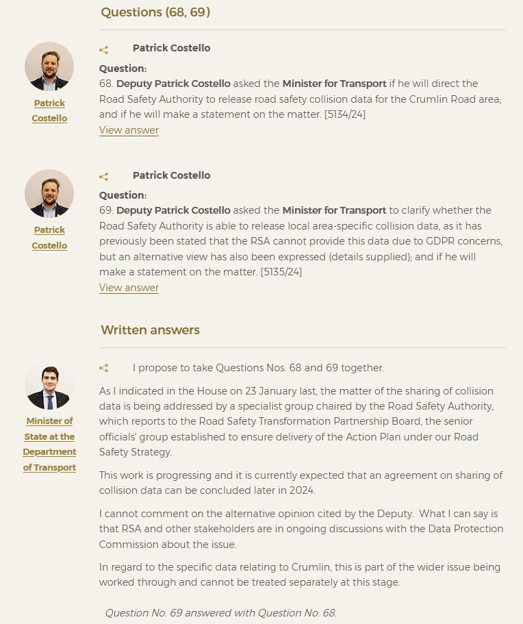 The RSA saying they can't share data due to GDPR is nonsense. The 'alternative opinion' cited below is by Graham Doyle of @DPCIreland said “GDPR should not prevent the proportionate publication of crash location details, particularly where data is largely anonymised/limited”.