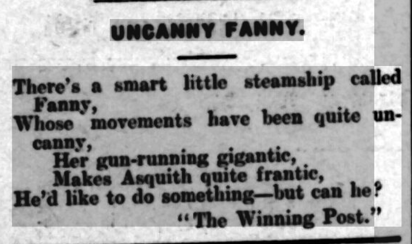 Uncanny Fanny — from the Lisburn Standard, Friday 15 May 1914 (110 years ago today). For context, see en.wikipedia.org/wiki/Larne_gun…