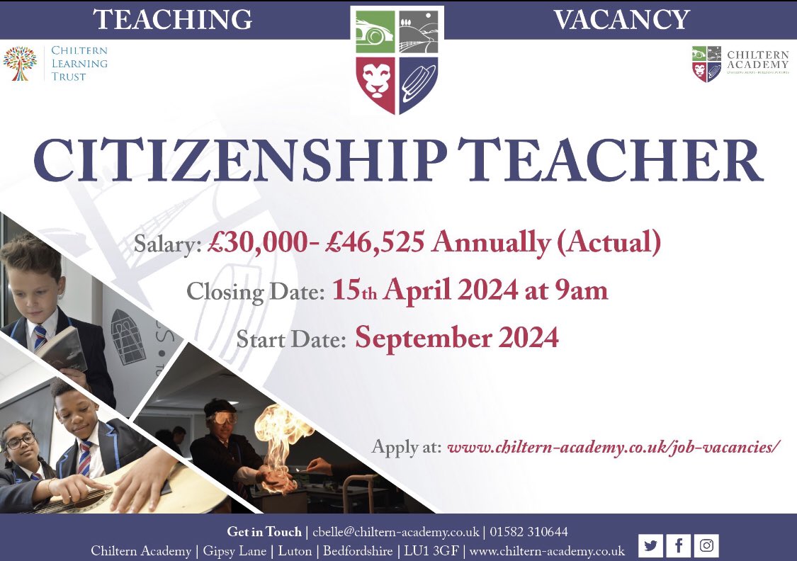 Chiltern Academy are recruiting for a CITIZENSHIP TEACHER. At Chiltern Academy, we inspire minds and build futures in Citizenship by, enabling pupils to deepen their knowledge of democracy, law and the government. Apply now via MyNewTerm mynewterm.com/jobs/145872/ED…