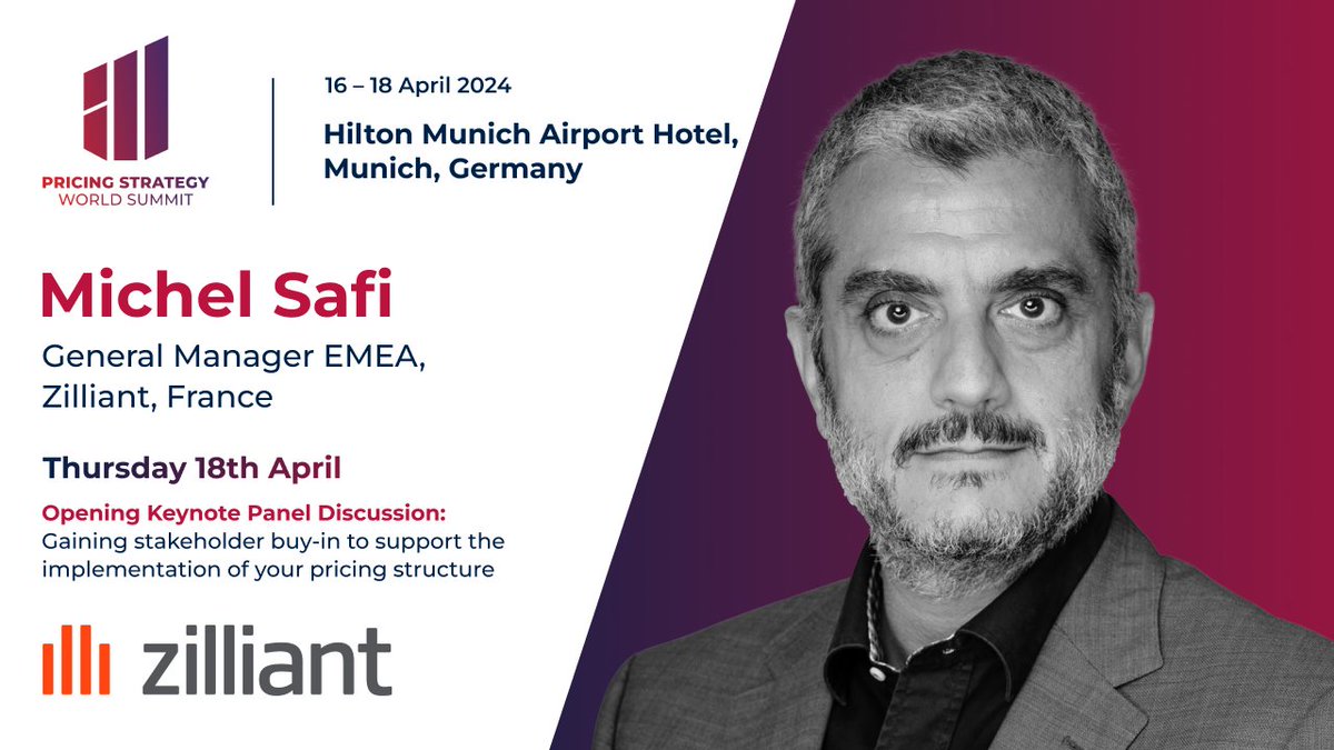 Join Zilliant General Manager EMEA Michel Safi at the 𝟳𝘁𝗵 𝗔𝗻𝗻𝘂𝗮𝗹 #𝗣𝗿𝗶𝗰𝗶𝗻𝗴 𝗦𝘁𝗿𝗮𝘁𝗲𝗴𝘆 𝗪𝗼𝗿𝗹𝗱 𝗦𝘂𝗺𝗺𝗶𝘁 on 16 - 18 April in Munich! 𝗥𝗲𝗴𝗶𝘀𝘁𝗲𝗿 𝗵𝗲𝗿𝗲 👉 pricingworld.ardensi.com/website/13305/…