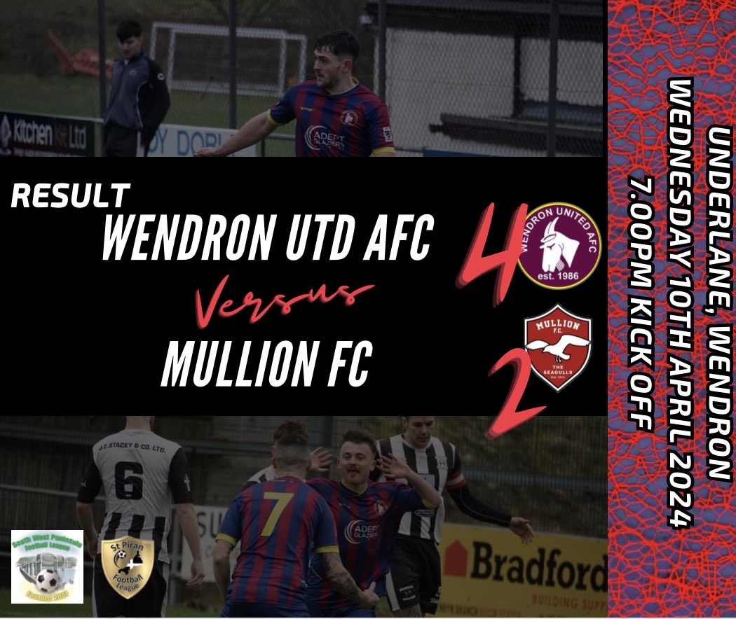 Result
A <a href="/CamQuirke/">Quirkey</a> 🎩🐇&amp;another <a href="/Reevey_7/">Ryan Reeve</a> strike earned us a 4-2 win over <a href="/MullionFC/">Mullion FC</a> in the <a href="/swpleague/">WALTER C. PARSON PENINSULA LEAGUE</a> in difficult conditions last night