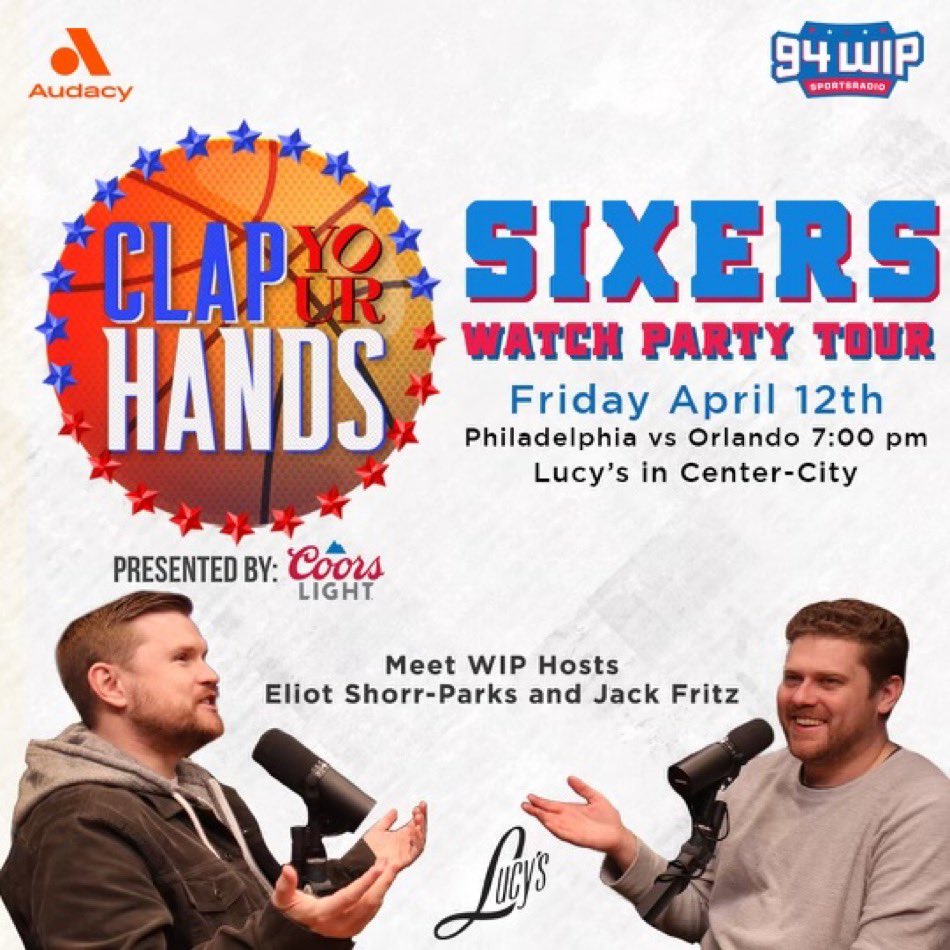 🚨TOMORROW AT LUCY’S IN CENTER CITY🚨 The @ClapYourHandPod WORLD TOUR continues as @EliotShorrParks and I will be hanging out, watching Sixers/Magic (and Phils/Pirates), enjoying some Coors Lights and more. Come on out!