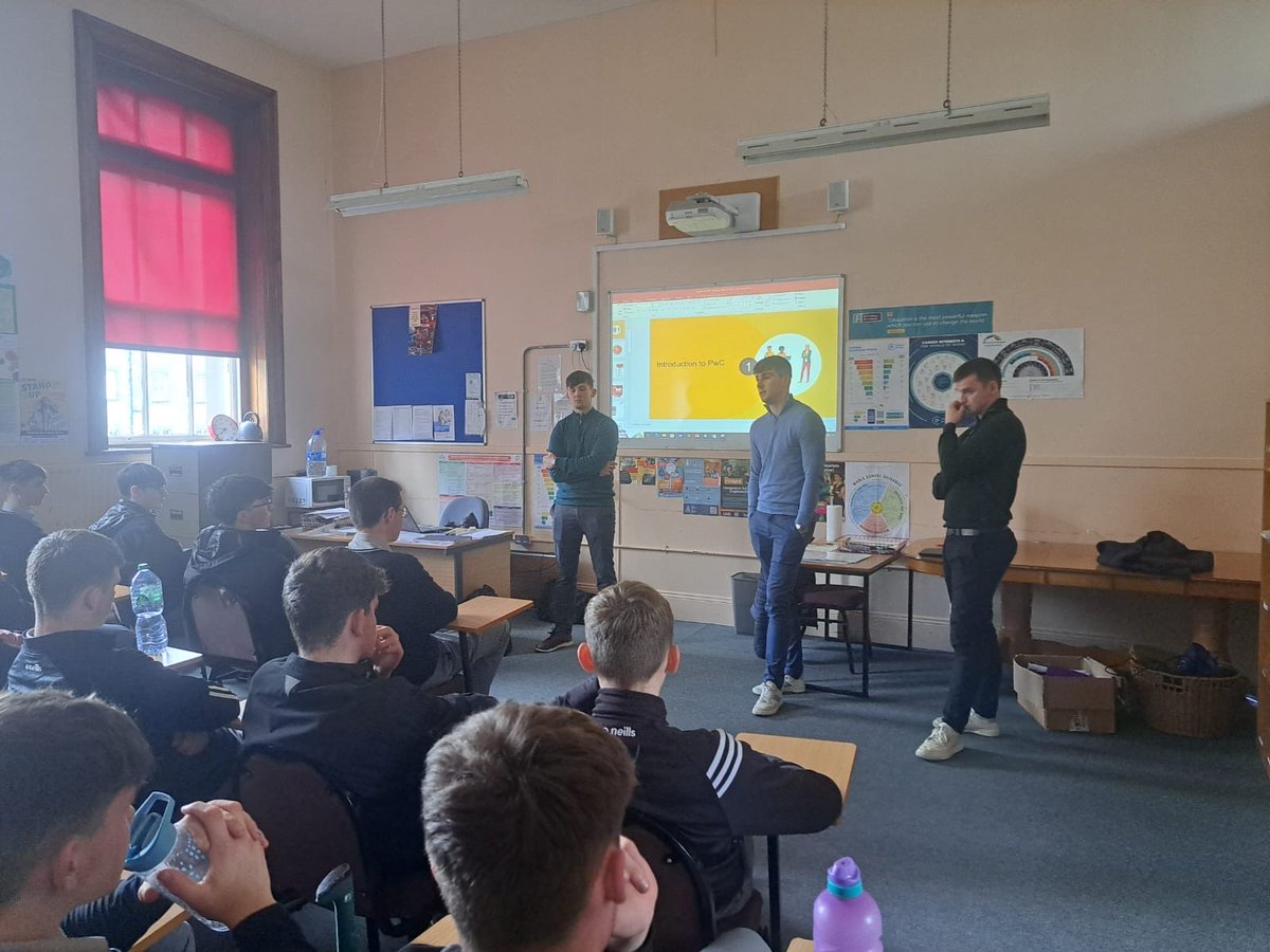 Careers; Thanks to past pupils Ned Kirwan, Sean Minogue and Ben Lawlor for visiting today and for giving an insight into a career in accounting and what working in PWC is like. It was a very interesting talk for our 5th and 6th year business students. ⁦@PwCIreland⁩ ⚫️⚪️
