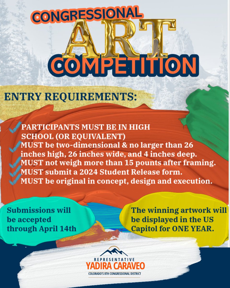 🎨Calling all young artists from Front Range & Northern Colorado — You still have time! Participate in the Congressional Art Competition for a chance to have your piece displayed at the US Capitol! More info here: caraveo.house.gov/services/art-c…