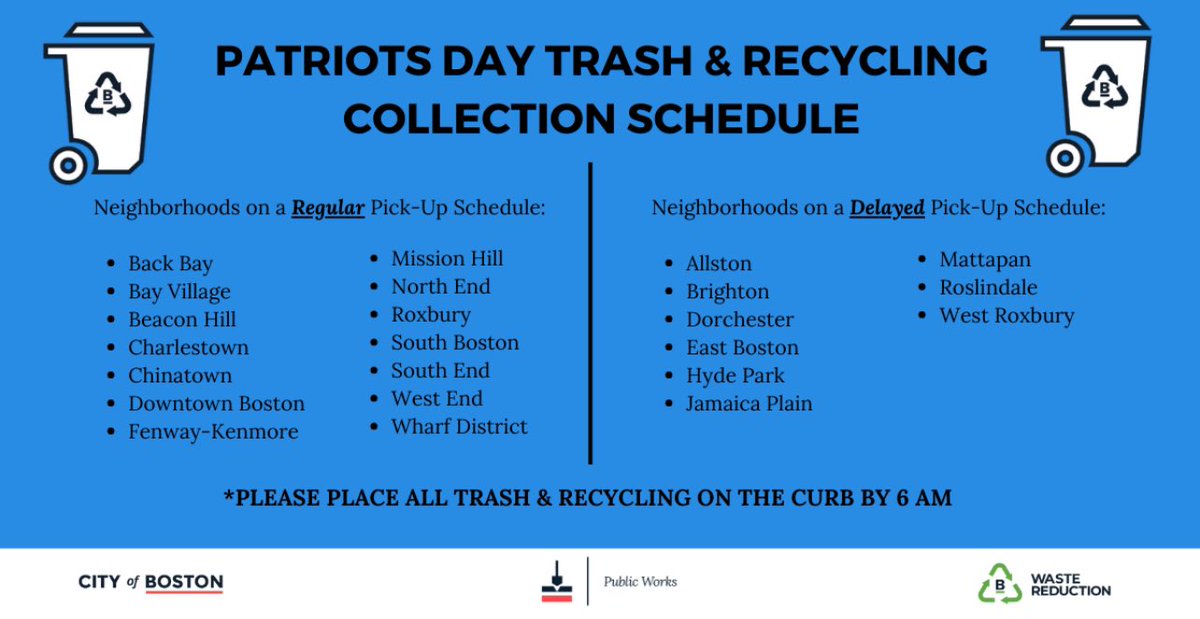 With the #PatriotsDay holiday being observed on Monday (4/15), please be advised that some #Boston neighborhoods will run on a delayed trash &amp; recycling schedule ⬇️. To track changes, search recyclables &amp; much more, download our free Trash Day App: boston.gov/trash-day 🗑️ ♻️