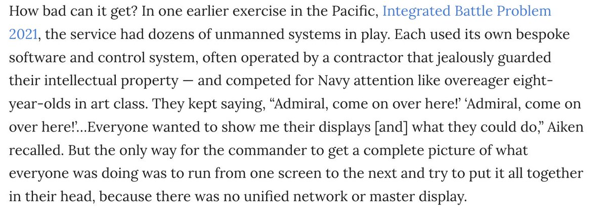 ROBOT WRANGLING: As the US Navy deploys more unmanned boats, submersibles, & drones, commanders are drowning in data -- and struggling with incompatible, bespoke control systems. How bad can it get? [1/n]