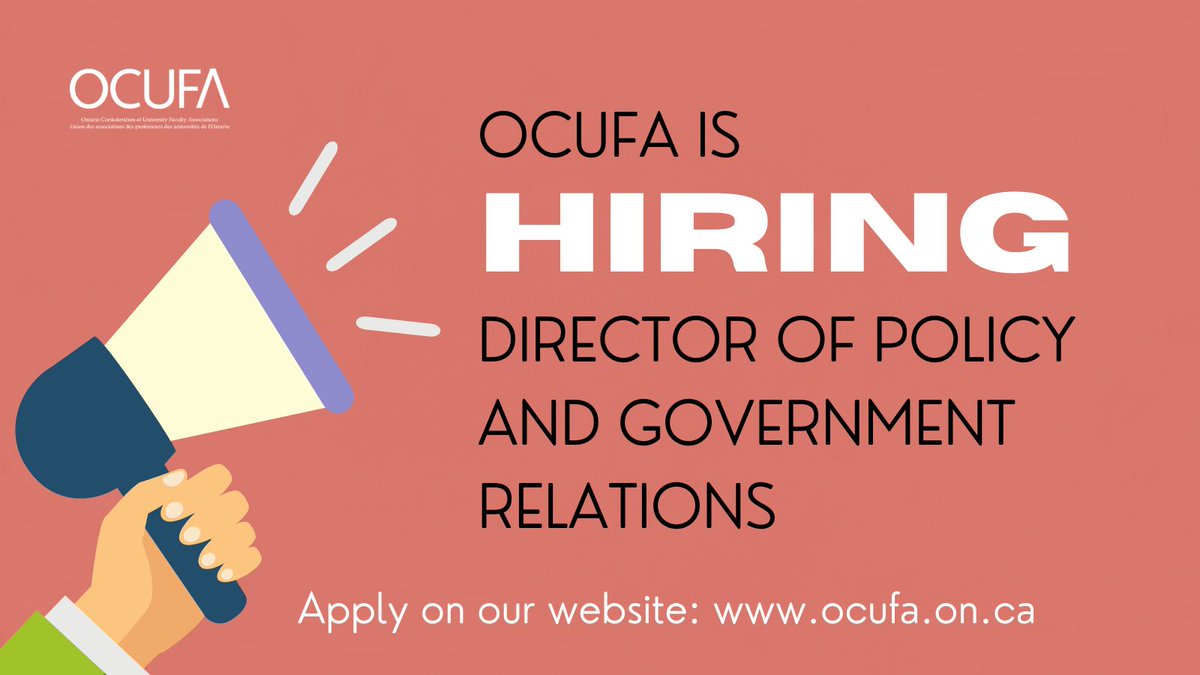 Apply now to be OCUFA's next Director of Policy and Government Relations! This is a senior position that will give strategic direction for our policy analysis, legislative strategy, and government relations work. Deadline is April 19! buff.ly/3xdaCFd