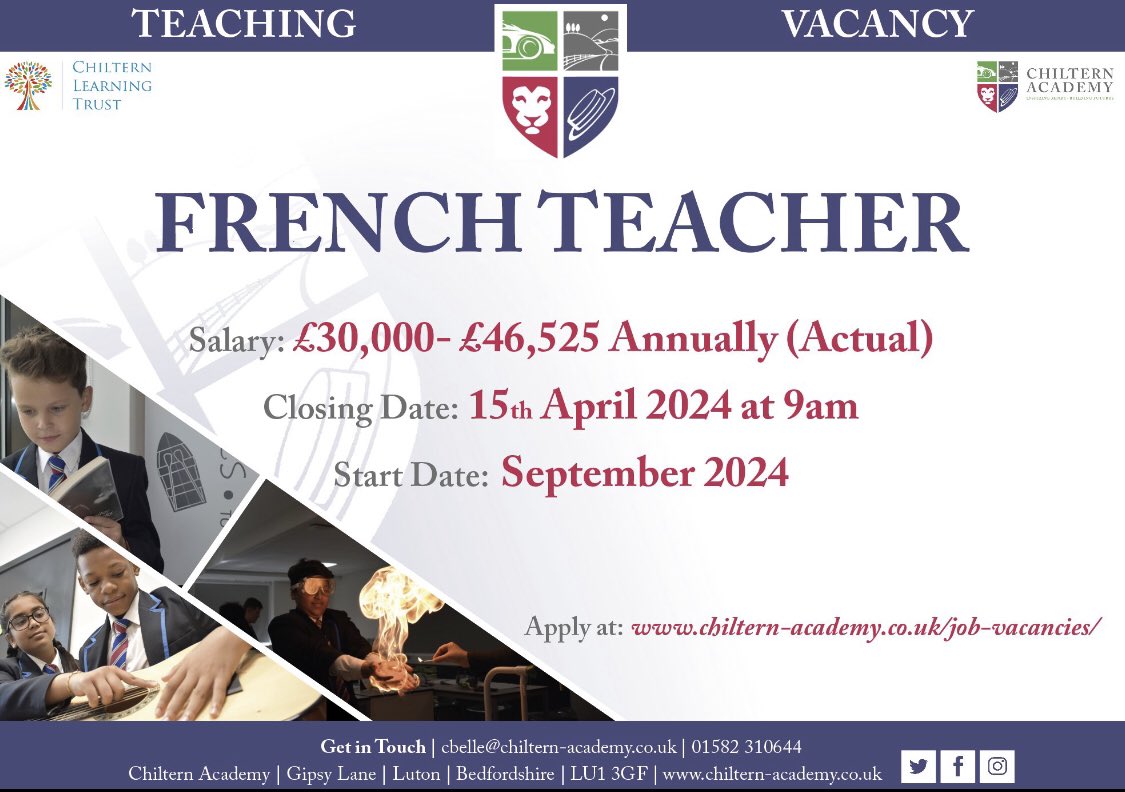 Chiltern Academy are recruiting for a FRENCH TEACHER. At Chiltern Academy, we inspire minds and building futures in French by opening pupils’ minds to the broad range of culture and traditions across the French-speaking world. Apply now via MyNewTerm mynewterm.com/jobs/145872/ED…