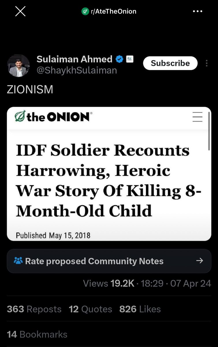 Closing the investigative journalism loop. Sulaiman falls for The Onion on Twitter. Post takes off on AteTheOnion on R3ddit. Bringing it back to X for your enjoyment.