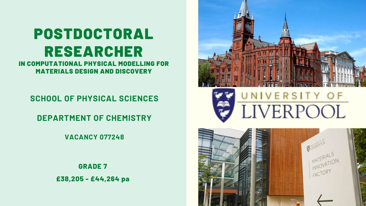 Liverpool University Jobs (@livunijobs) on Twitter photo 📢We’re recruiting <a href="/livuniphyssci/">School of Physical Sciences</a>
Opportunity to lead work on #materials #design and discovery for a #PDRA with experience in developing and applying computational #chemistry tools to #materials science.
Apply ℹ️tinyurl.com/ft4mrbzw
<a href="/LivUniResearch/">Research at University of Liverpool</a> <a href="/LeverhulmeTrust/">The Leverhulme Trust</a> 📢We’re recruiting <a href="/livuniphyssci/">School of Physical Sciences</a>
Opportunity to lead work on #materials #design and discovery for a #PDRA with experience in developing and applying computational #chemistry tools to #materials science.
Apply ℹ️tinyurl.com/ft4mrbzw
<a href="/LivUniResearch/">Research at University of Liverpool</a> <a href="/LeverhulmeTrust/">The Leverhulme Trust</a>