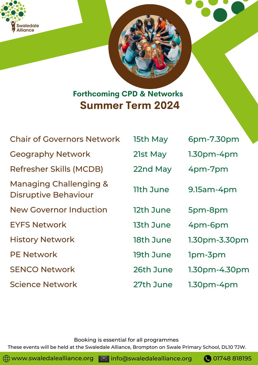 Welcome back to the start of Summer Term!

We hope you all had a wonderful Easter break and managed to get some time to relax!

Take a look at the Swaledale Alliance CPD offering this term:
swaledalealliance.org/professional-d…