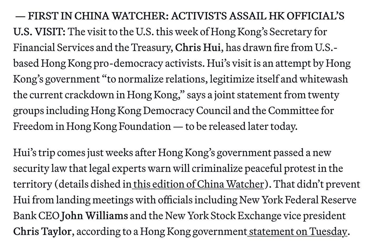 #HongKong's Finance Secretary Chris Hui is visiting the U.S. this week 'This is the first visit to the US by a top #HongKong official since the crackdown began in 2019. US leaders should be calling for an end to the repression and release of political prisoners' @politico