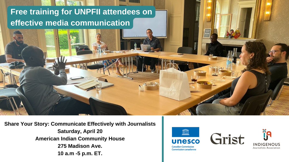 Free training for attendees of the UN Permanent Forum on Indigenous Issues on how to craft messages for journalists and communicate your stories through the media.

Register before April 18: tinyurl.com/4s2kp58b

Offered by <a href="/IndigenousJA/">Indigenous Journalists Association</a>, <a href="/grist/">grist</a> &amp; <a href="/CCUNESCO/">CCUNESCO</a> 

#UNPFII24