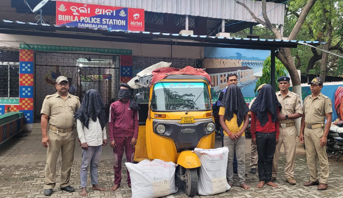 Burla PS nabbed a Ganja case while transporting and arrested 04 accused persons. Seized 48 Kgs of contraband ganja, 04 nos of mobile phone and 01 bike i.c.w. Burla PS case No. 188/24 U/s 20 (b) (ii) (c)/ 29 NDPS Act. @odisha_police @DGPOdisha @DIGPNRSAMBALPUR