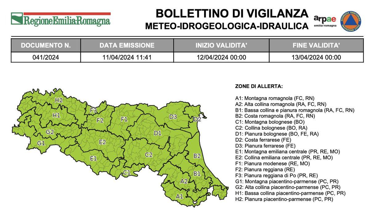 #BollettinoVigilanzaER VERDE nessuna allerta dalle 00:00 del 12/04/2024 alle 00:00 del 13/04/2024 ➡️bit.ly/3UaM092