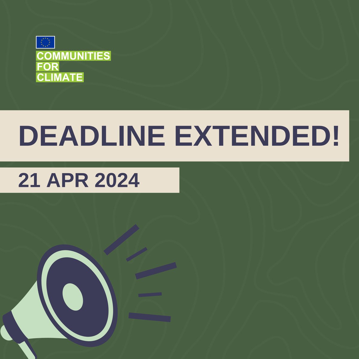 🌍  Exciting update! 

🗓️  The deadline for joining the #CommunitiesforClimate (C4C) initiative has been extended to April 21, 23:59 CEST. 

⭐️  More time for communities to showcase their climate solutions! 

Apply now: ec.europa.eu/eusurvey/runne…

#EUinmyRegion