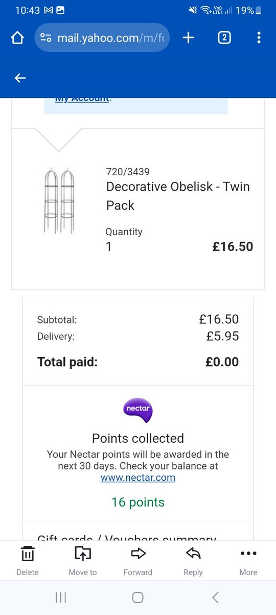 Mum under the weather today, so I've ordered her some obelisks for her plants to cheer her up. Even better, they were reduced from £22 to £16.50 and they've cost me nowt with my freebie Argos vouchers.