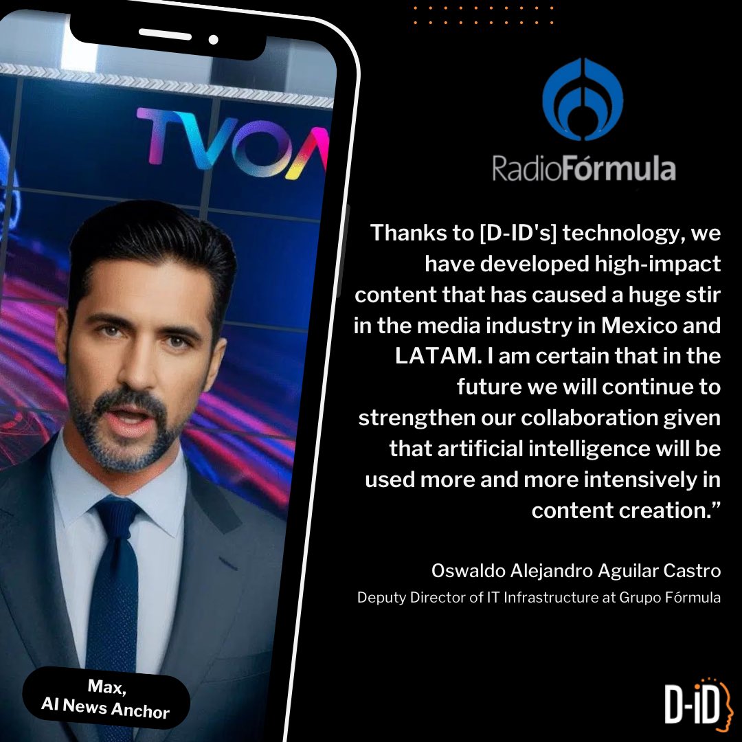 D_ID_'s tweet photo. 📰 Explore The Future of #News! 📰

Discover how D-ID's #CreativeRealityStudio enabled @Radio_Formula to revolutionize #media engagement with #AI-generated #newscasters! 😎📈

Learn how our AI tech enabled them to transform their digital presence, boost #viewership, & engage younger audiences! 👉👉 https://t.co/CSJOWhNf8M

#DID #CaseStudy #CustomerTestimonial #RadioFormula