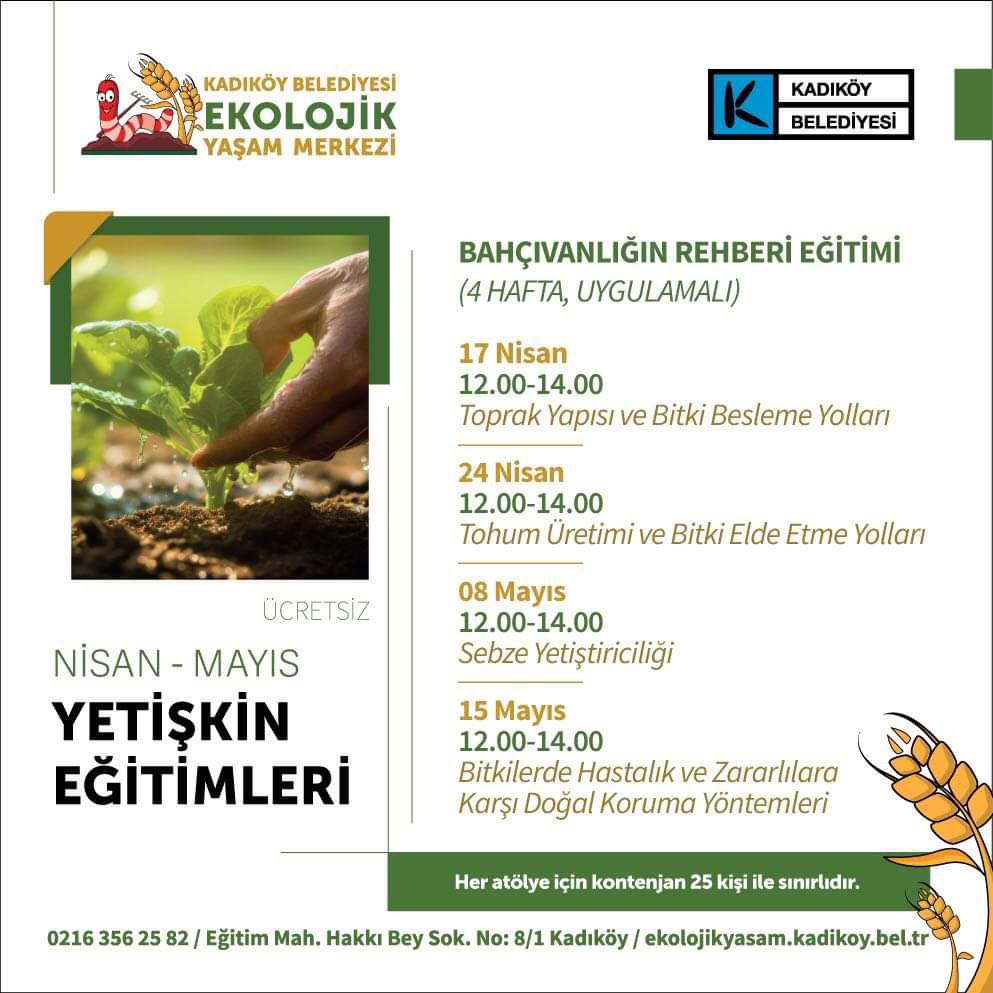 Ekolojik Yaşam Merkezi’nde 'Bahçıvanlığın Rehberi Eğitimi' başlıyor 👨‍🌾👩‍🌾 Toprak yapısından sebze yetiştiriciliğine dair birçok bilgi içeren eğitime meraklı yetişkinleri bekliyoruz. Kayıt için👇 ekolojikyasam.kadikoy.bel.tr