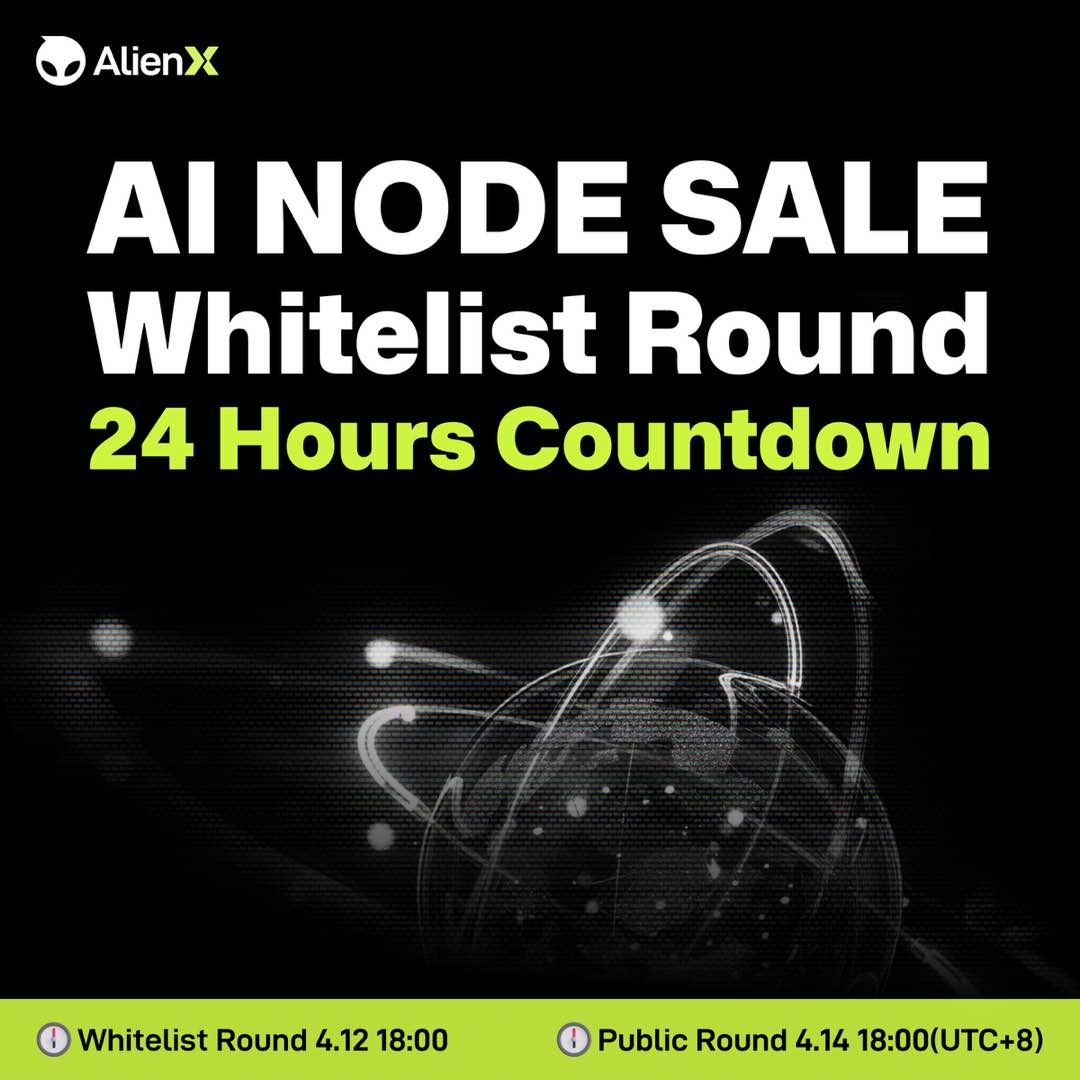 ALIENXchain's tweet image. There are only 24 hours left before the AI Node Whitelist Round Sale live.

Mark the Date: April 12, 18:00 UTC+8

AI Node holders get ready to start the AI node journey and earn 40% of $AIX

Please don&apos;t forget to read the rules! 
x.com/ALIENXchain/st…
