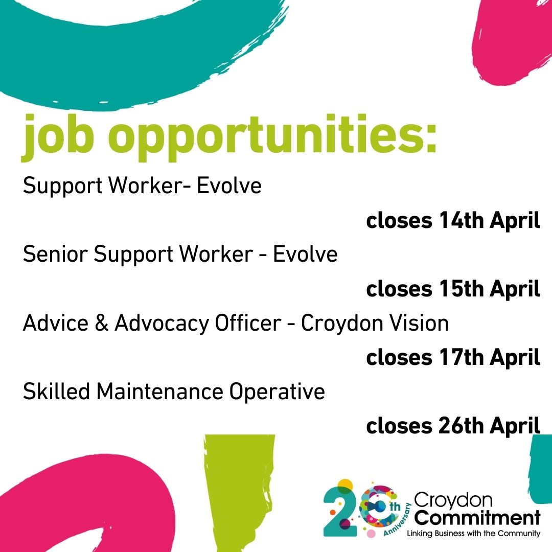 We've been made aware of multiple vacancies at two fantastic organisations: Croydon Vision and Evolve Housing + Support ! Please circulate to anyone you think may be interested.